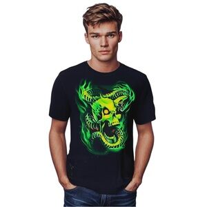 Vintage Y2K Neon Skull Skeleton Grim Reaper Snake Python Black Large T-Shirt